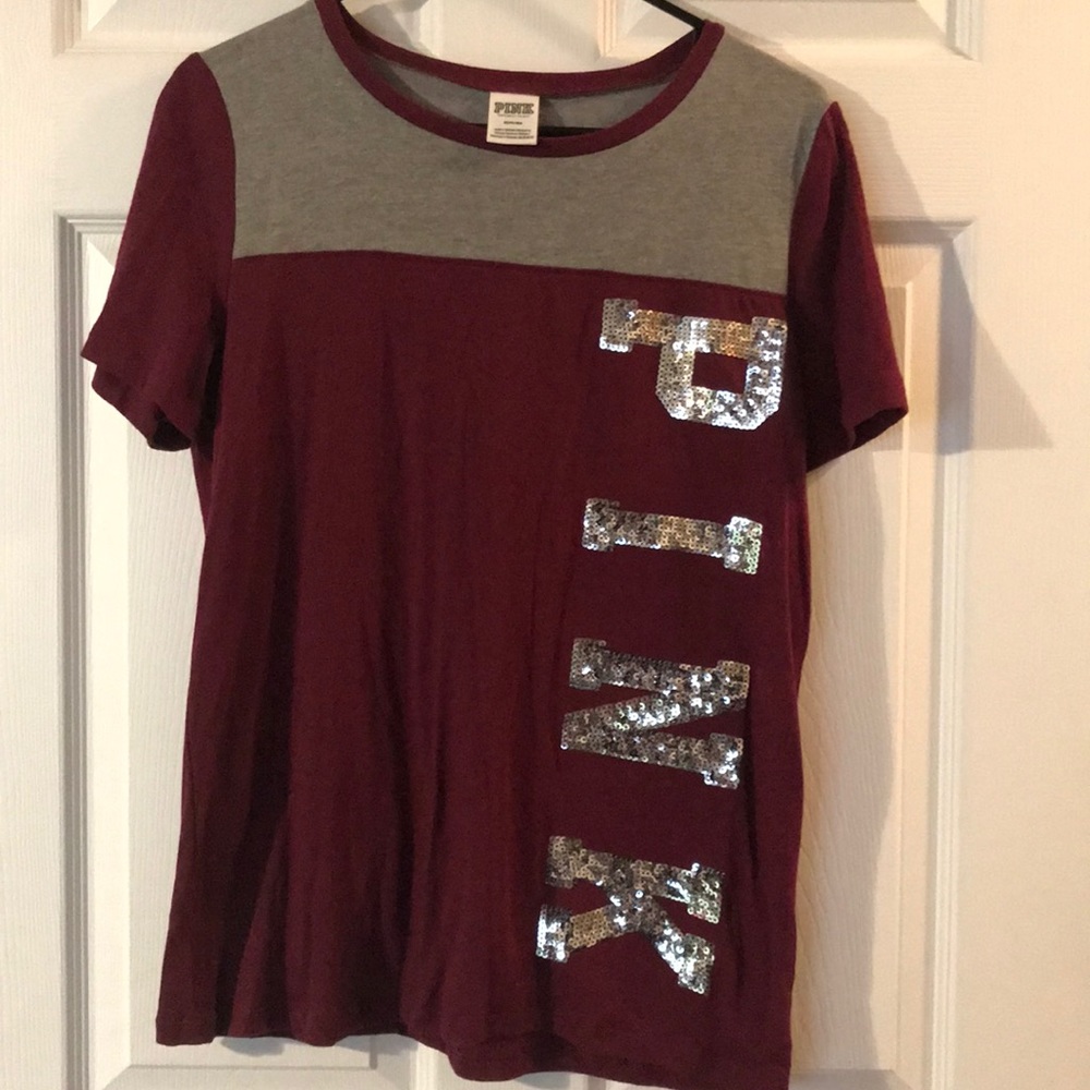 PINK tshirt; maroon/gray with silver bling letters